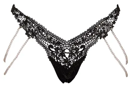 Cottelli LINGERIE String M/L with Removable Pearl Chains, Black Lace
