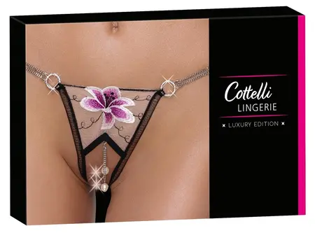 Cottelli LINGERIE String Flower M/L - Tulle, Embroidery & Pearl Chains