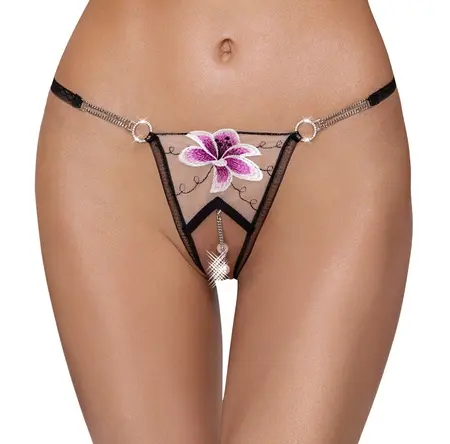 Cottelli LINGERIE String Flower M/L - Tulle, Embroidery & Pearl Chains