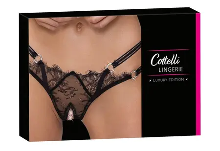 Cottelli LINGERIE Eyelash Lace String M/L with Rhinestone Rings, Black
