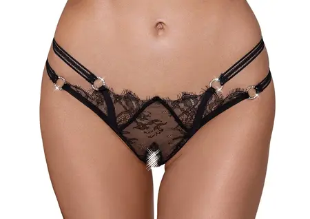 Cottelli LINGERIE Eyelash Lace String M/L with Rhinestone Rings, Black