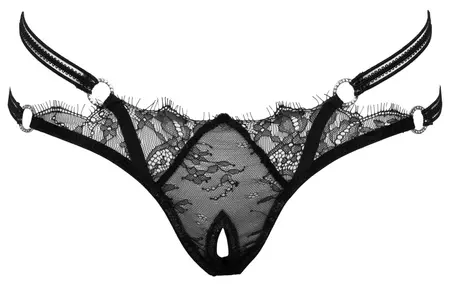 Cottelli LINGERIE Eyelash Lace String M/L with Rhinestone Rings, Black