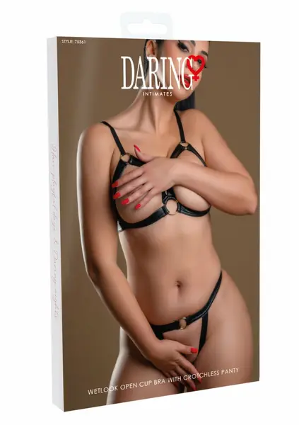 Daring Intimates Wetlook 2-Piece Bra Set Open Cup Black Gold S/M