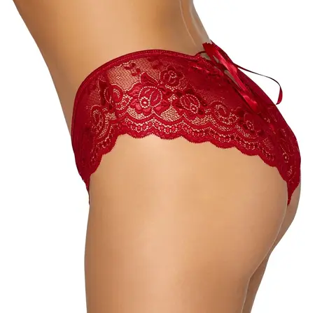 Cottelli LINGERIE Red Lace Crotchless Panty L with Satin Ribbon