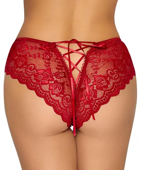 Cottelli LINGERIE Red Lace Crotchless Panty L with Satin Ribbon