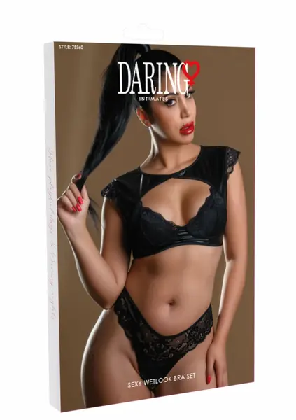 Daring Intimates Wetlook Bra Set Black 2-Piece Glossy Lace Finish