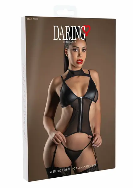 Wetlook Zipper Cami Garter Set Black - Adjustable Lingerie Set