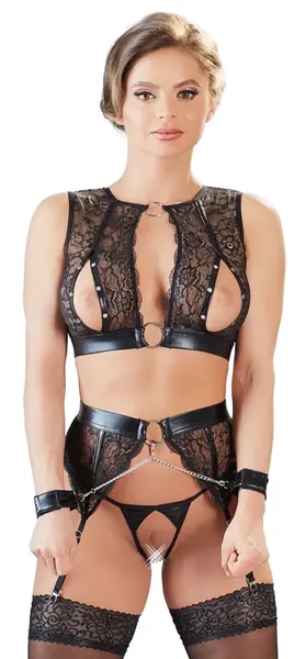Cottelli Collection Bondage Lingerie Set S - 3-Piece Black Lace & Wet Look