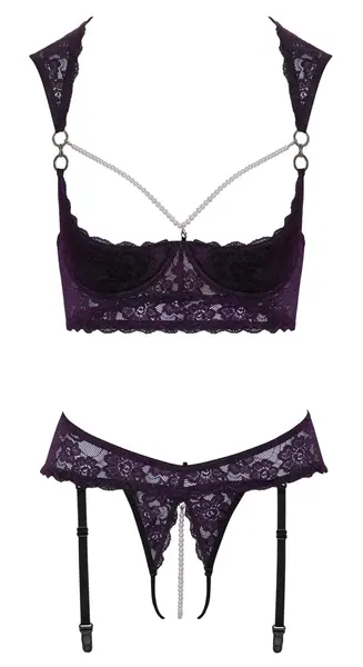 Cottelli Lingerie Set Purple 80B/M - Lace Shelf Bra & Suspender Thong