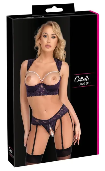 Cottelli Lingerie Shelf Bra Set Purple 75B/S with Pearls & Lace Details