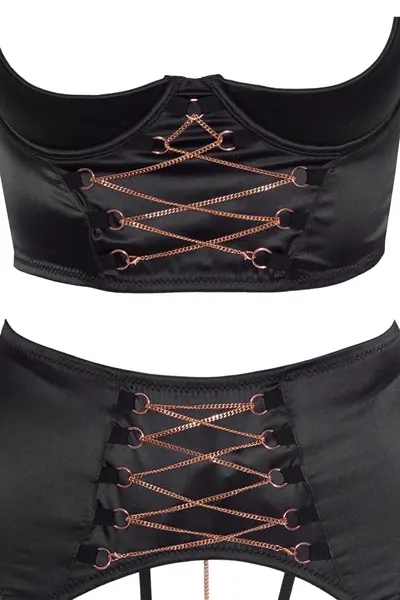 Abierta Fina Shelf Bra Set 85C/XL Black Satin & Rose-Gold Accents
