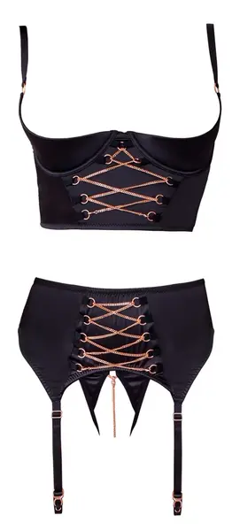 Abierta Fina Shelf Bra Set 85B/L Black Satin Rose-Gold Accents