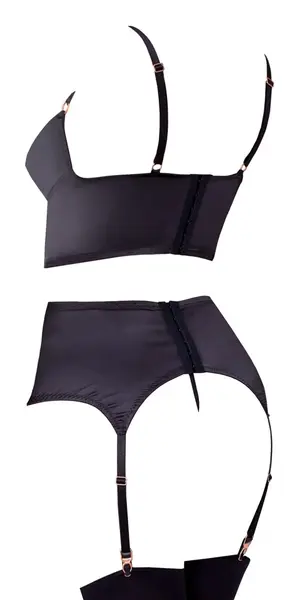 Abierta Fina Shelf Bra Set 85B/L Black Satin Rose-Gold Accents