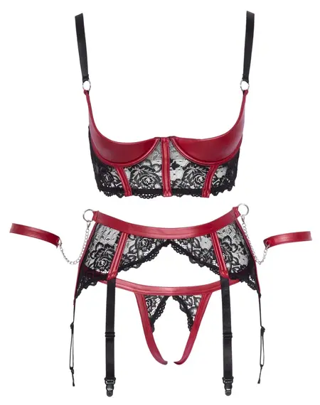 Cottelli Bondage Shelf Bra Set Black/Red M - Lace & Matte Finish