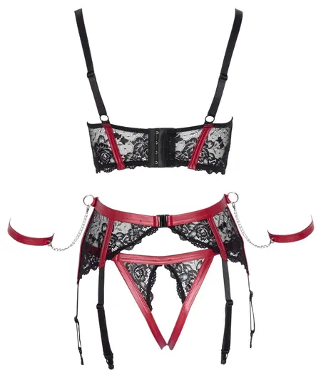 Cottelli Bondage Shelf Bra Set Black/Red M - Lace & Matte Finish