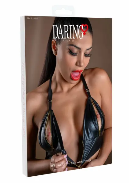 Daring Intimates Wetlook Bra With Zipper - Shiny Black, Adjustable Fit