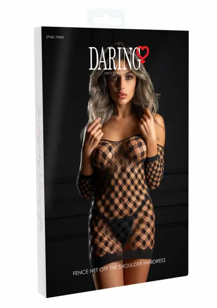 Deluxe Fence Net Minidress Black Long Sleeve Off-Shoulder Design