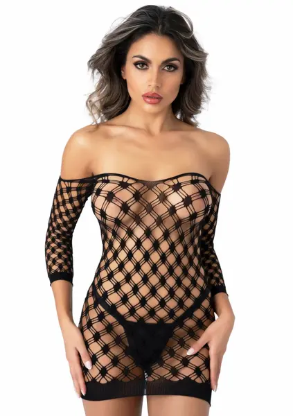 Deluxe Fence Net Minidress Black Long Sleeve Off-Shoulder Design