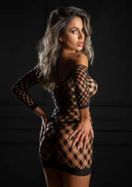 Deluxe Fence Net Minidress Black Long Sleeve Off-Shoulder Design