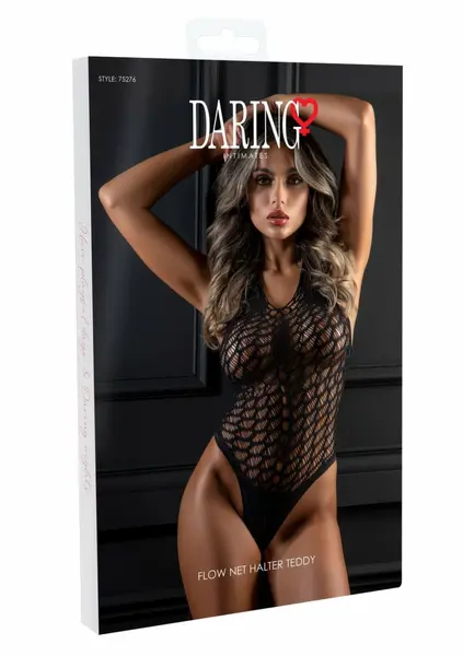 Flow Net Halter Teddy - Elegant Mesh Bodysuit with Neck Tie, Black