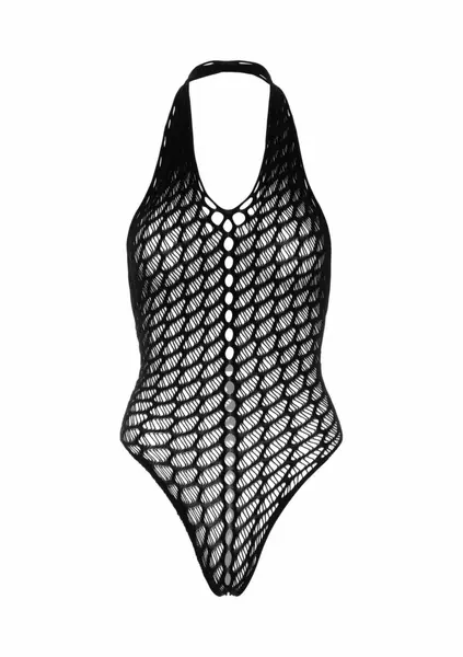 Flow Net Halter Teddy - Elegant Mesh Bodysuit with Neck Tie, Black