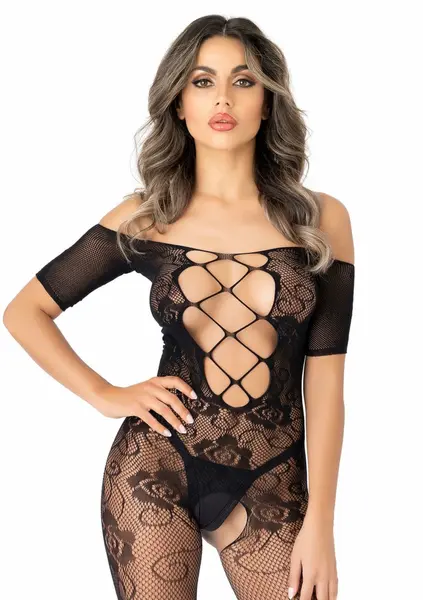 Leg Avenue Off the Shoulder Lace Bodystocking Black One Size