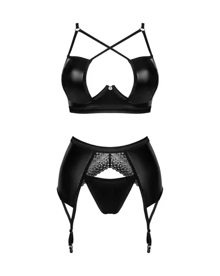 Obsessive Norides Set XL/2XL Wet Look 3-Piece Lingerie Set Black