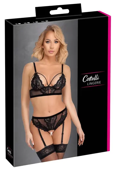 Cottelli LINGERIE Lace & Powernet Bra and Suspender Thong Set Black XL