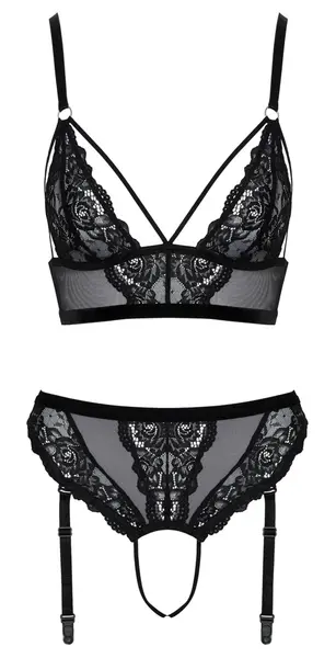 Cottelli LINGERIE Lace & Powernet Bra and Suspender Thong Set Black XL