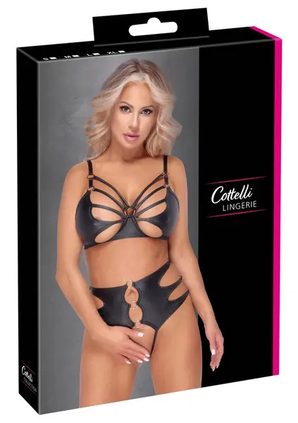 Cottelli LINGERIE Bra & Panties Set with Rose-Gold Rings, Size M, Black