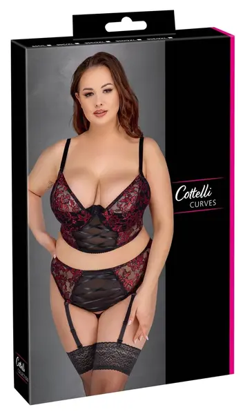 Cottelli Curves Bra Set Black/Red 95D/2XL - Lace & Longline Design