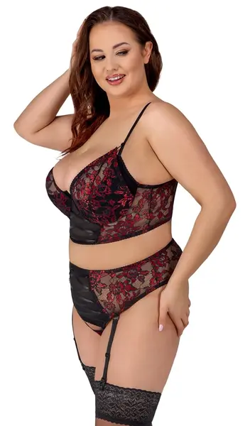 Cottelli Curves Bra Set Black/Red 95D/2XL - Lace & Longline Design