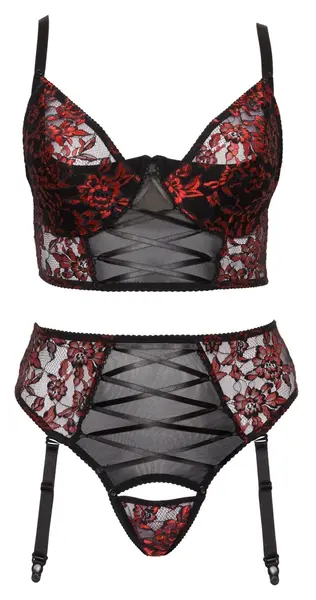 Cottelli Curves Bra Set Black/Red 95D/2XL - Lace & Longline Design
