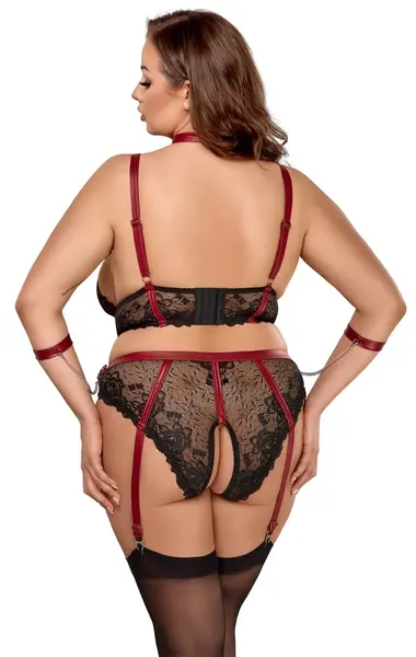 Cottelli Bondage Plus Lace Longline Bra Set 2XL Black-Red Adjustable