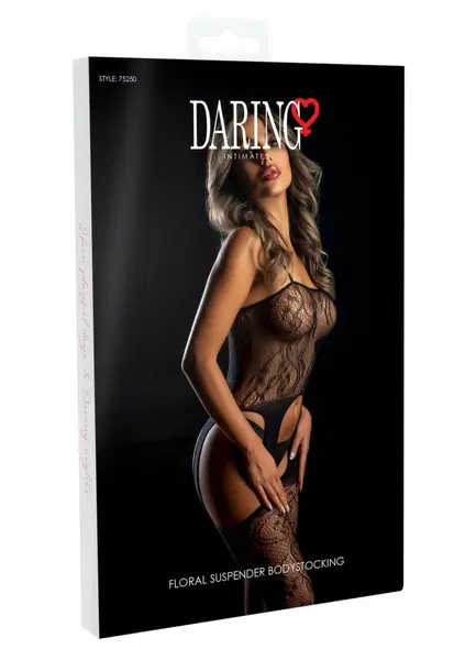 Floral Suspender Bodystocking - Elegant Paisley Mesh, Black, One Size