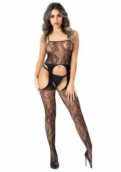Floral Suspender Bodystocking - Elegant Paisley Mesh, Black, One Size