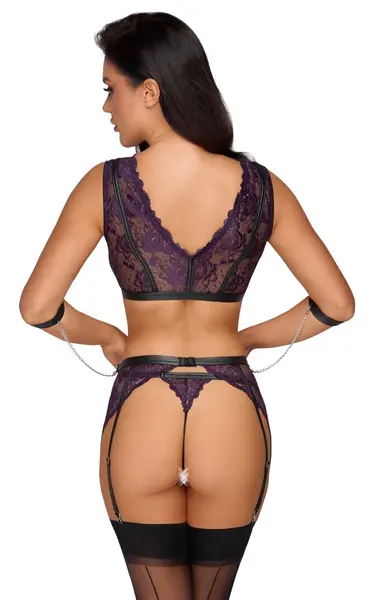 Cottelli Bondage Set L - Purple Lace Bra, Garter Belt & Wrist Cuffs