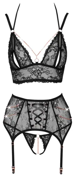 Abierta Fina Lace Lingerie Trio with Rose-Gold Accents, Size S