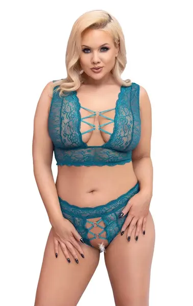 Cottelli Curves Bralette & High-Waist Lace Set Teal 2XL