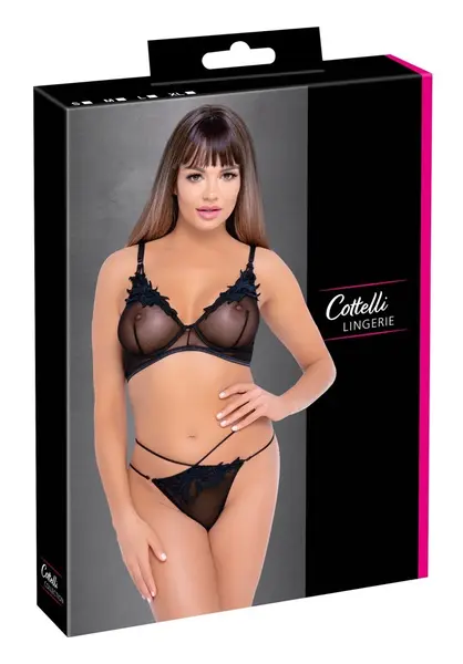 Cottelli Lingerie Bra & Rio Thong Set L Black Embroidered Powernet