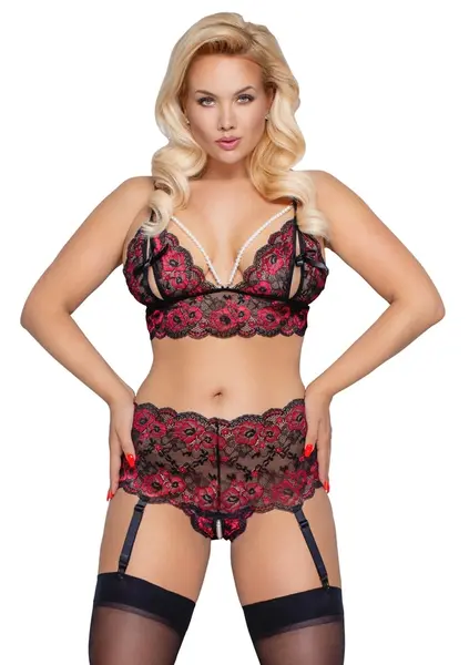 Cottelli CURVES Pearl Lace Bra & Suspender Set 3XL/4XL, Two-Tone Design