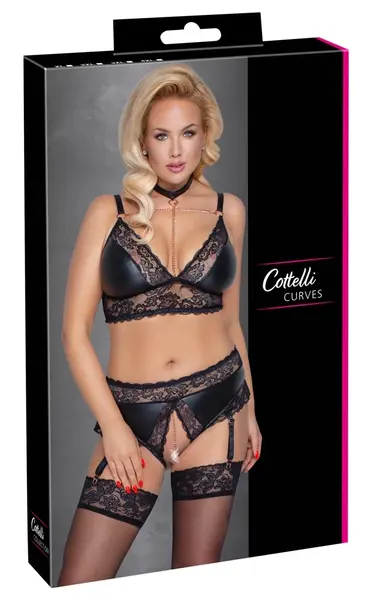 Cottelli CURVES Bra & Suspender Briefs 3XL, Matte Look & Lace, Rose-Gold Accents