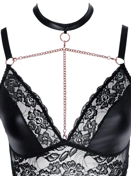 Cottelli CURVES Bra & Suspender Briefs 3XL, Matte Look & Lace, Rose-Gold Accents