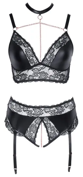 Cottelli CURVES Bra & Suspender Briefs 3XL, Matte Look & Lace, Rose-Gold Accents