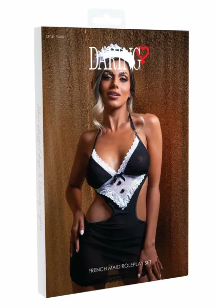 French Maid костюм на френска прислужница, мрежеста рокля с дантелена престилка