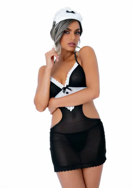 French Maid костюм на френска прислужница, мрежеста рокля с дантелена престилка