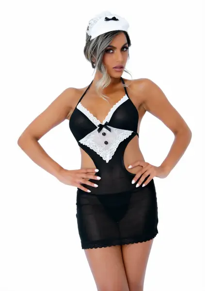 French Maid костюм на френска прислужница, мрежеста рокля с дантелена престилка