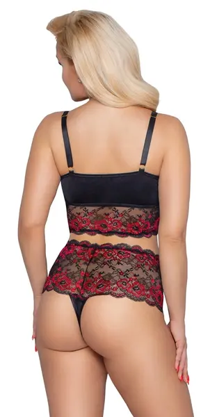 Curves дантелен комплект сутиен и бикини с висока талия, черно-червен, 3XL