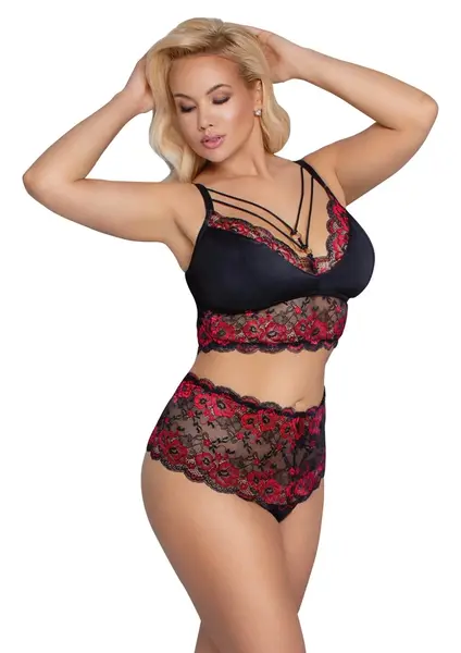 Cottelli CURVES Black/Red Wireless Lace Set XL - Floral Design