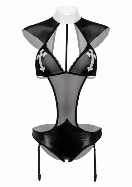 Not so holy! Nun Roleplay Costume Wet-Look Teddy with Garter Straps